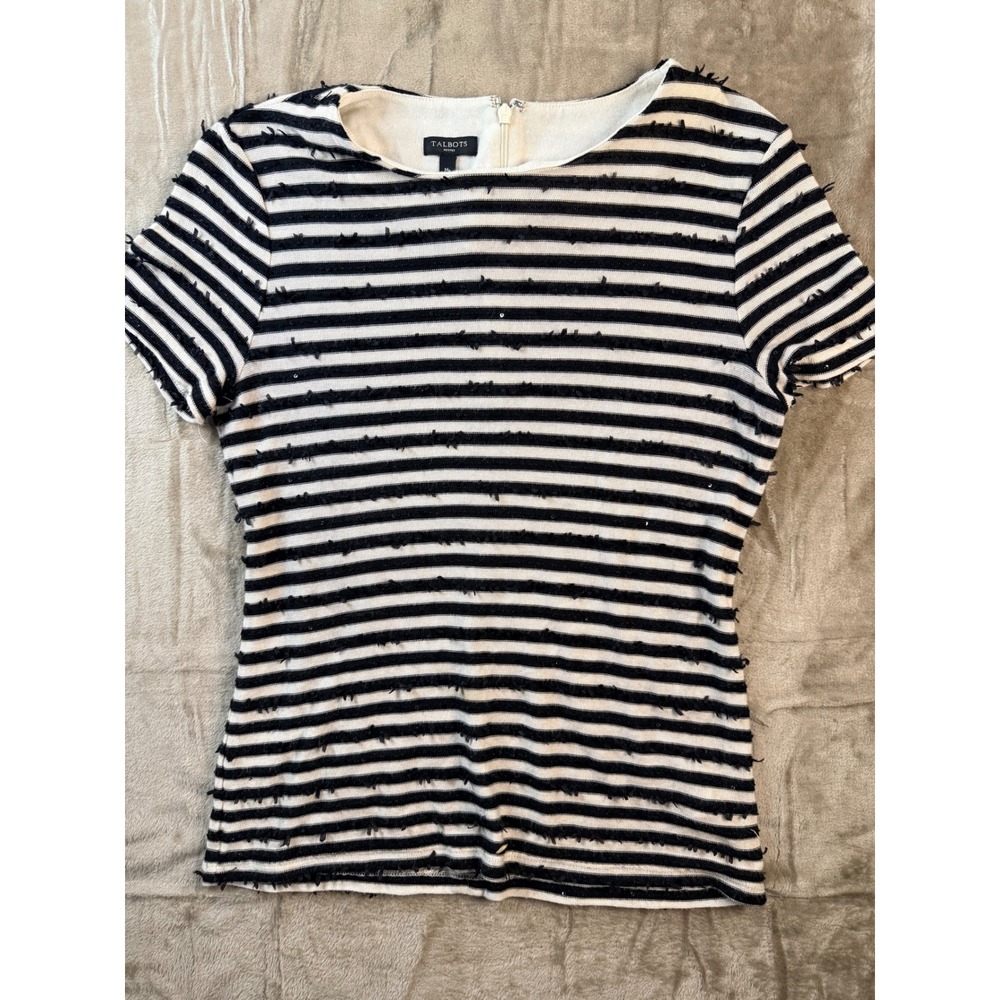 Talbots Petites MP Striped Eyelash Knit Sequin Short Sleeve Top Zipper Classy
